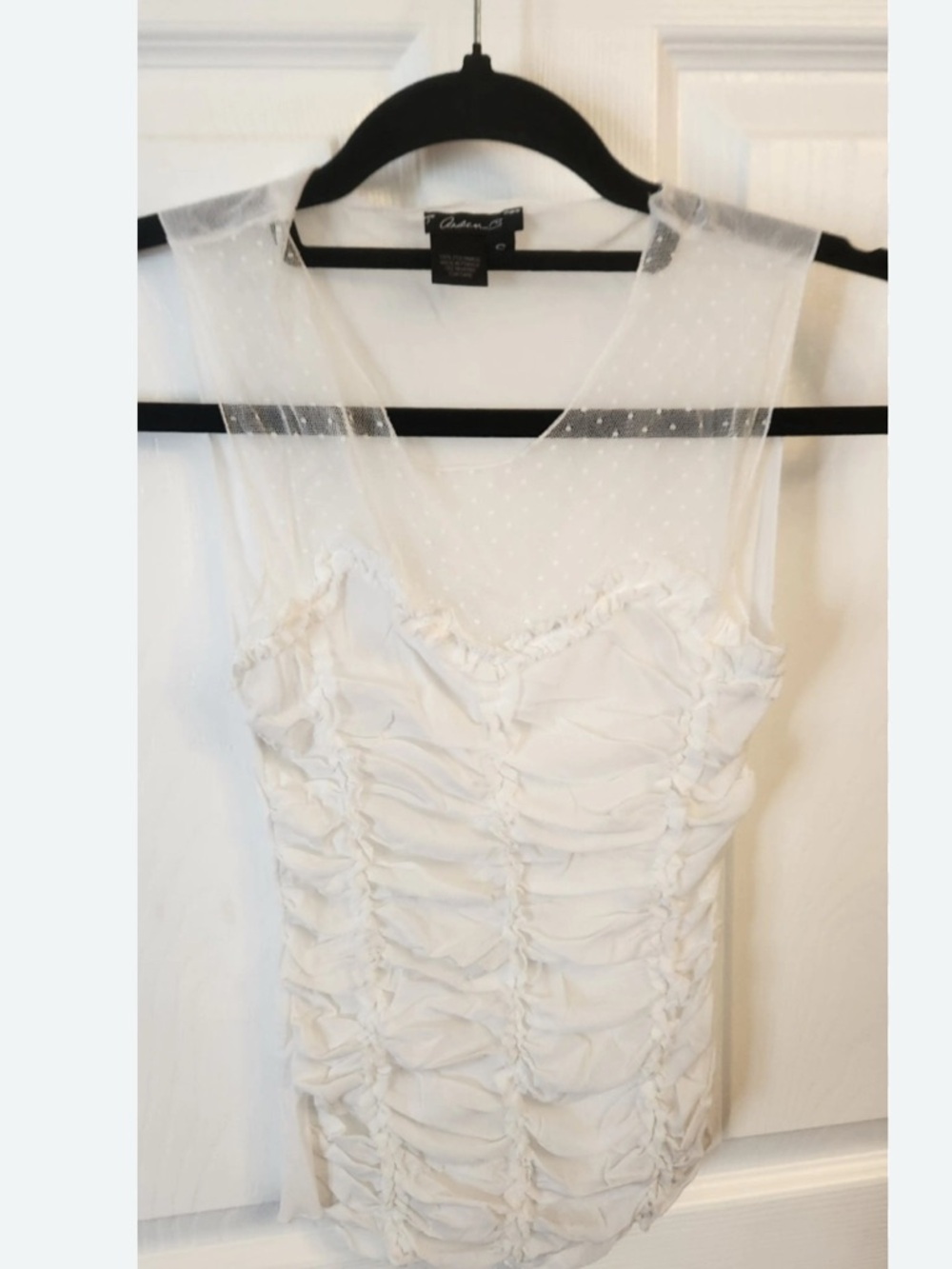 Arden B White Ruched Dot Mesh Yoke Camisole